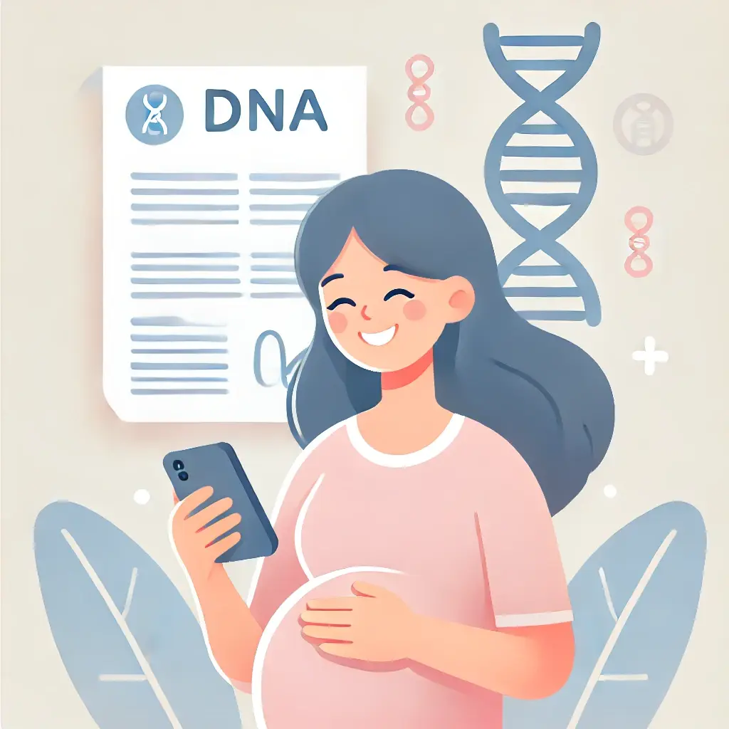 Pregnant woman holding DNA test tube, smiling