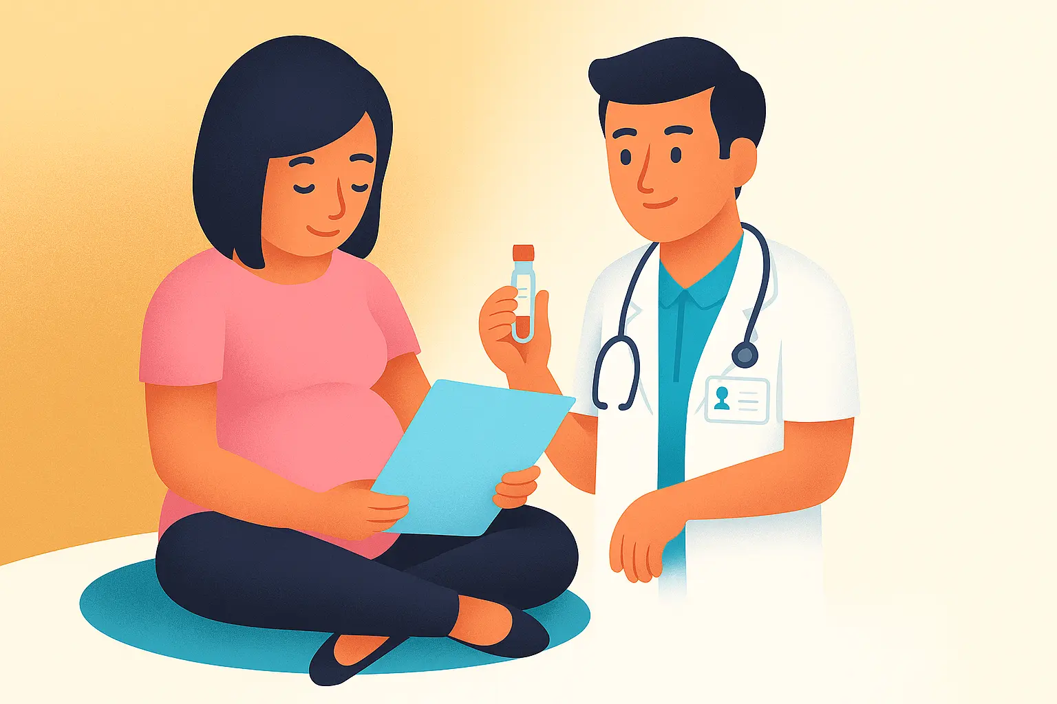 Illustration of a pregnant woman sitting with her child and a laptop, symbolizing at-home prenatal paternity testing in a calm and private environment.