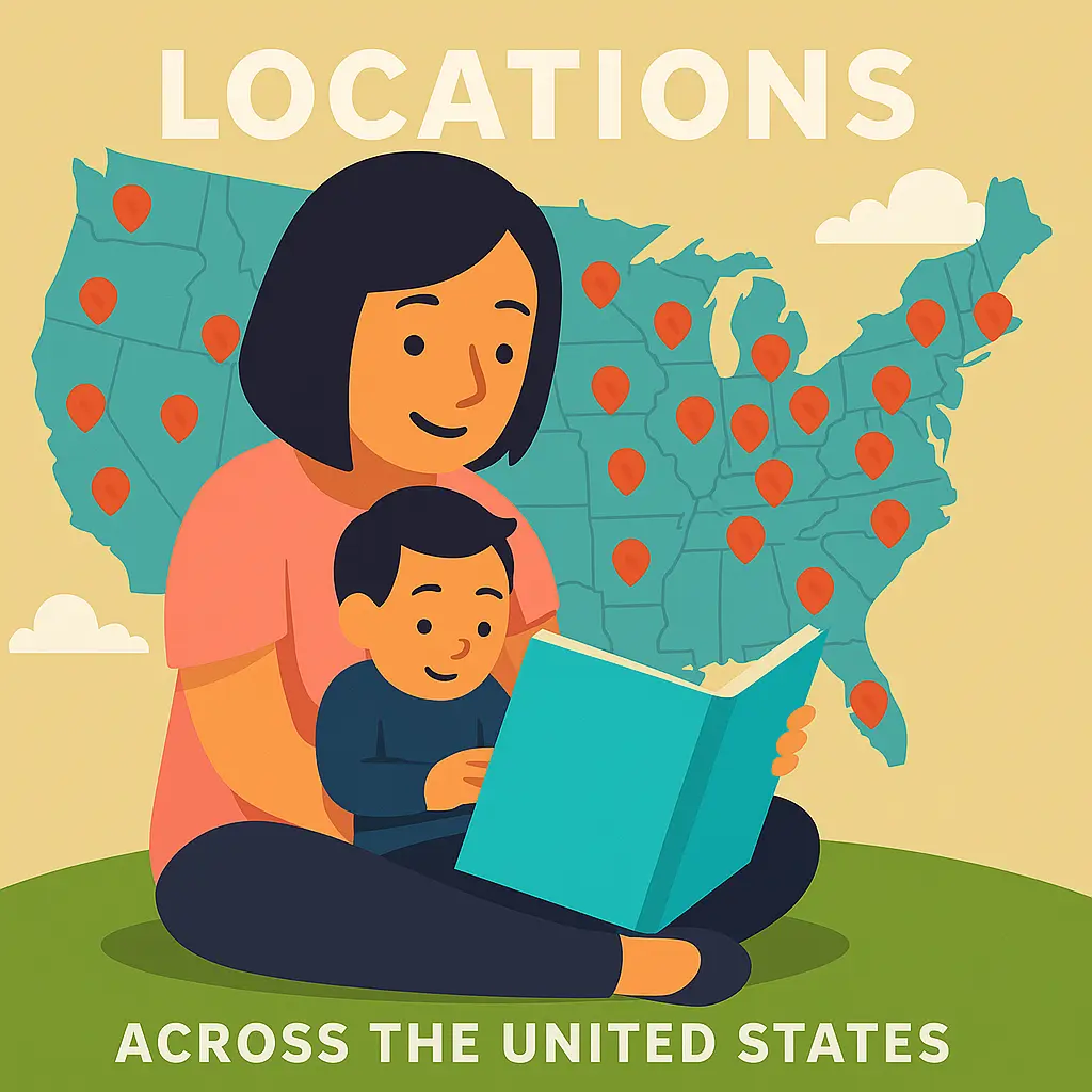 Mother reading to child in front of U.S. map with DNA test location pins