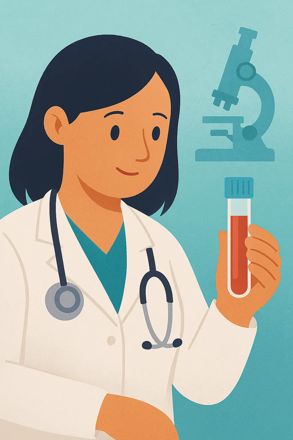 Female doctor holding a DNA test tube beside a microscope, symbolizing test safety and lab approval