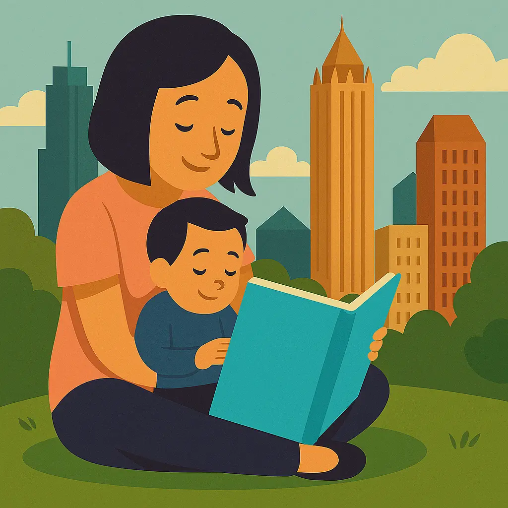 Illustration of a pregnant woman sitting with a baby in front of the Atlanta skyline, representing prenatal DNA testing in Atlanta