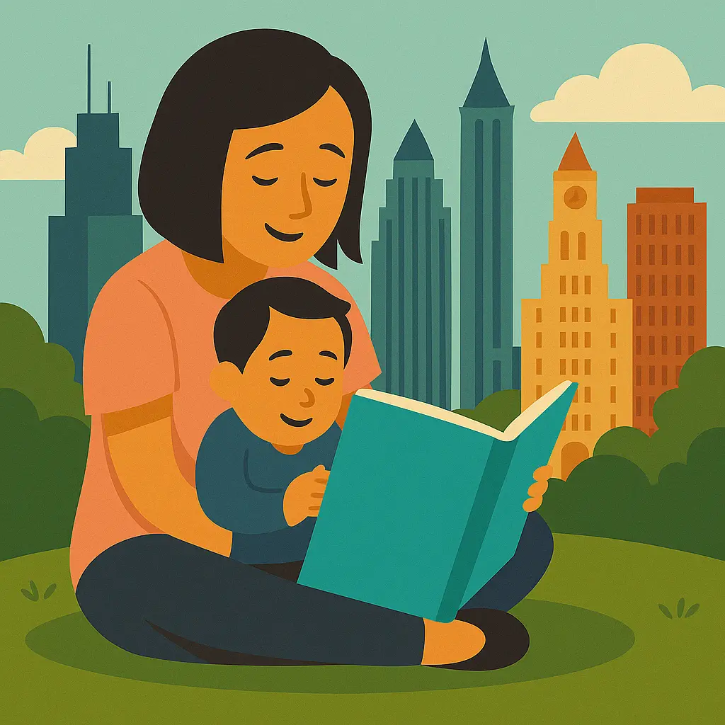 Illustration of a pregnant woman sitting with a baby in front of the Baltimore skyline, representing prenatal DNA testing in Baltimore