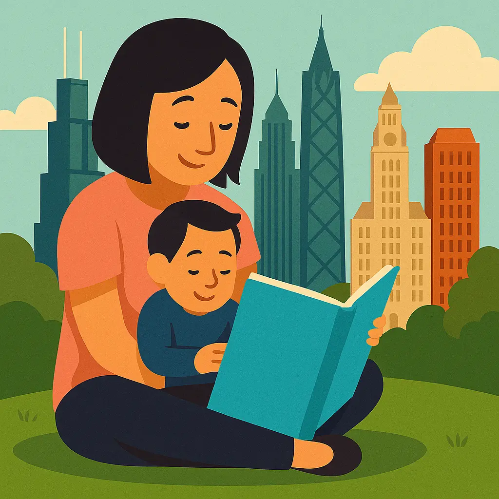 Illustration of a pregnant woman sitting with a baby in front of the Chicago skyline, representing prenatal DNA testing in Chicago