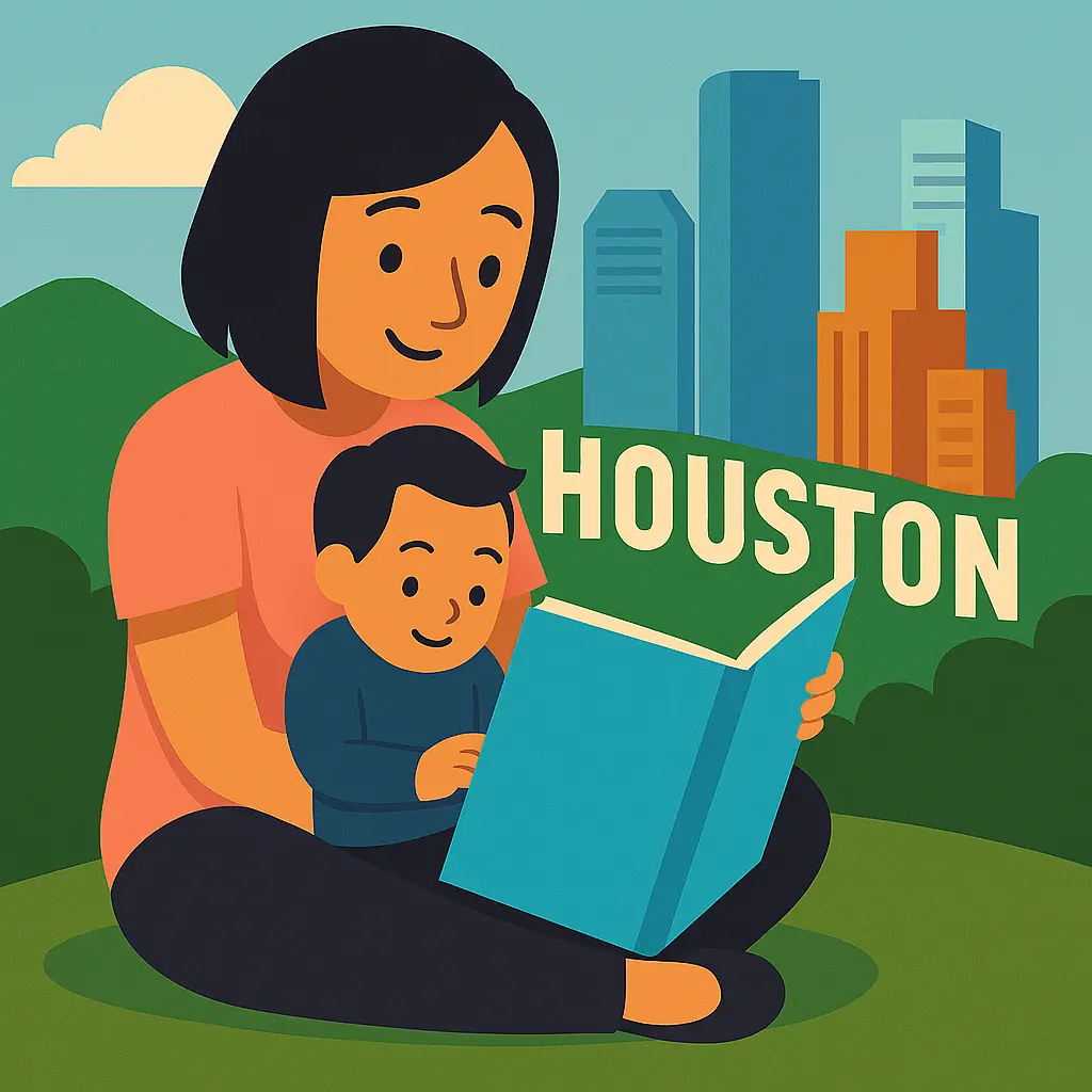 Illustration of a pregnant woman sitting with a baby in front of the Houston skyline, representing prenatal DNA testing in Houston