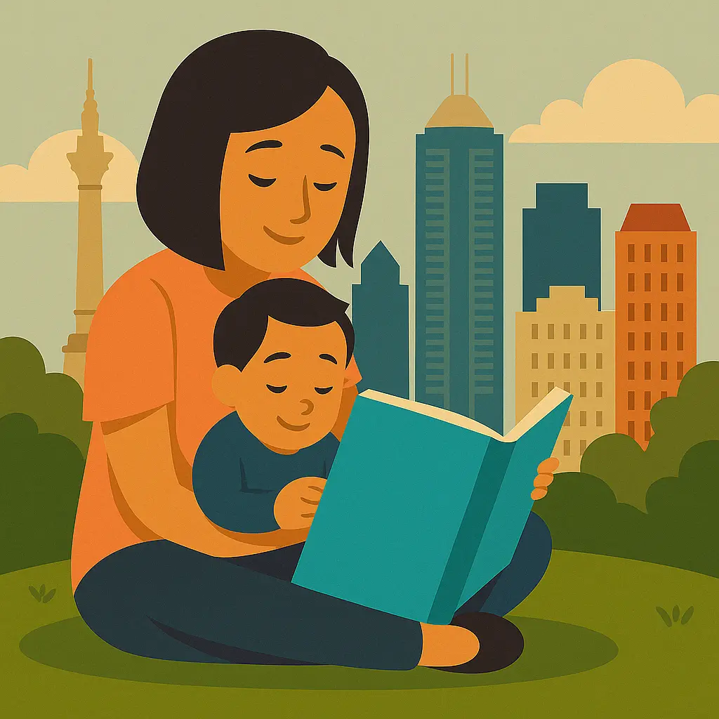 Illustration of a pregnant woman sitting with a baby in front of the Indianapolis skyline, representing prenatal DNA testing in Indianapolis