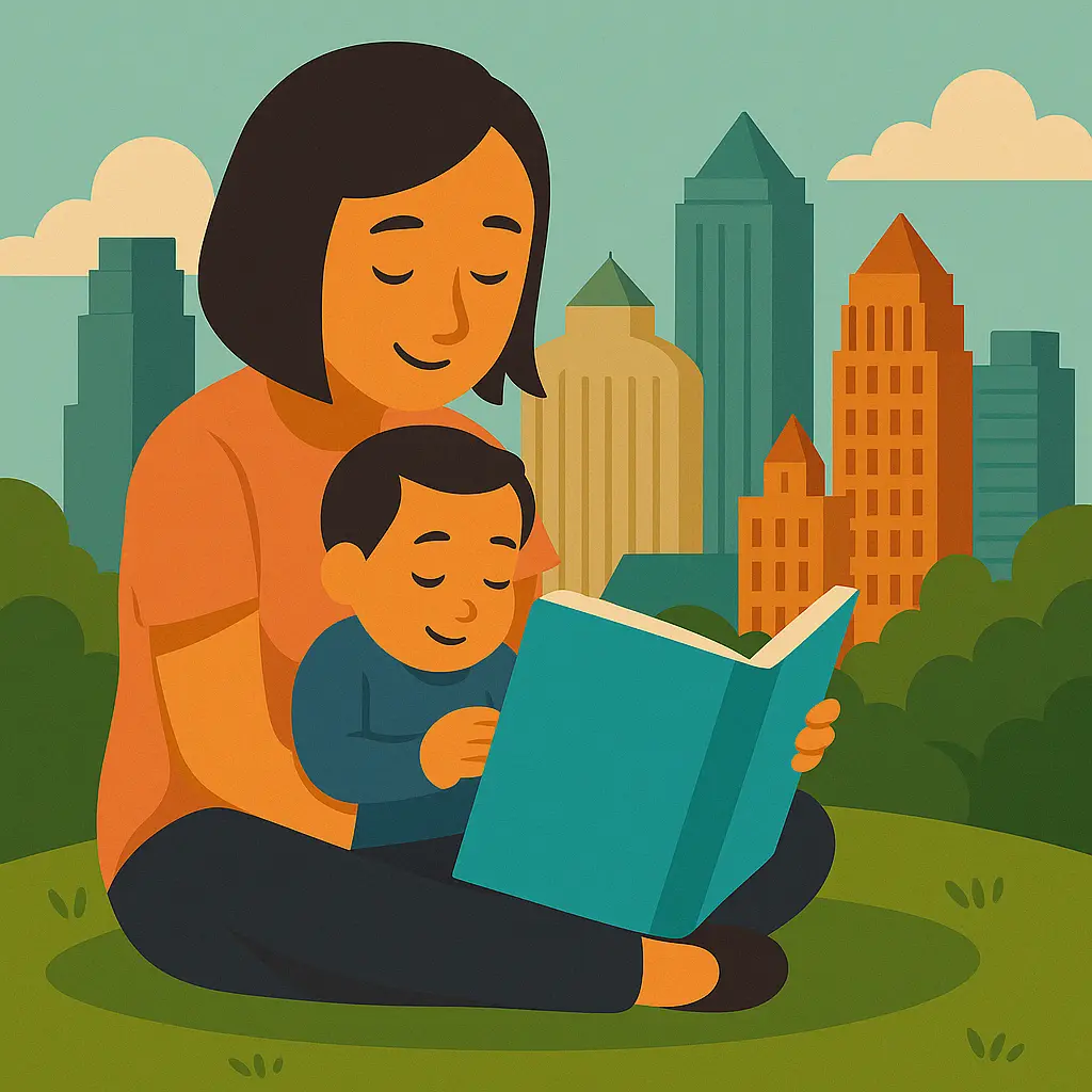 Illustration of a pregnant woman sitting with a baby in front of the Kansas City skyline, representing prenatal DNA testing in Kansas City