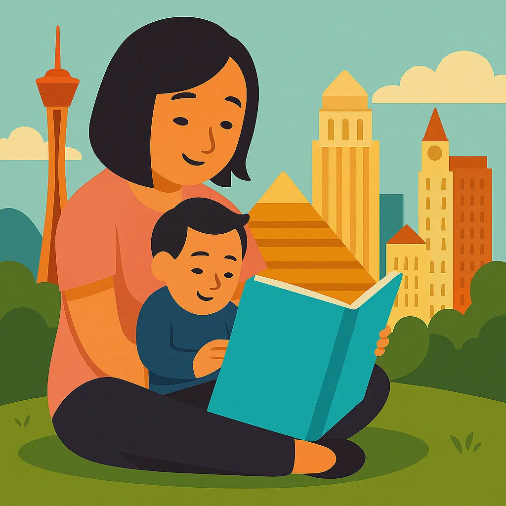 Illustration of a pregnant woman sitting with a baby in front of the Las Vegas skyline, representing prenatal DNA testing in Las Vegas