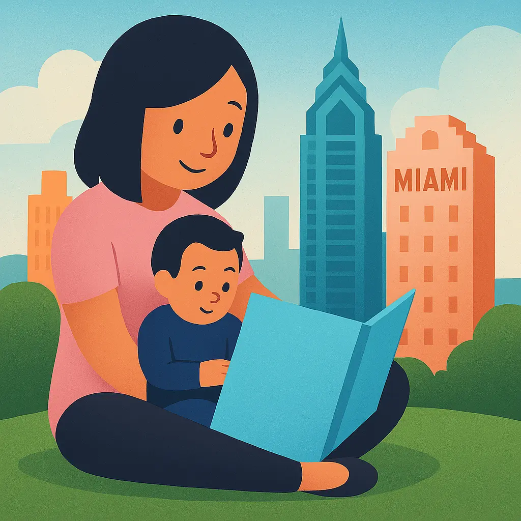 Illustration of a mother reading to her child with the Miami skyline in the background, representing prenatal DNA testing in Miami.