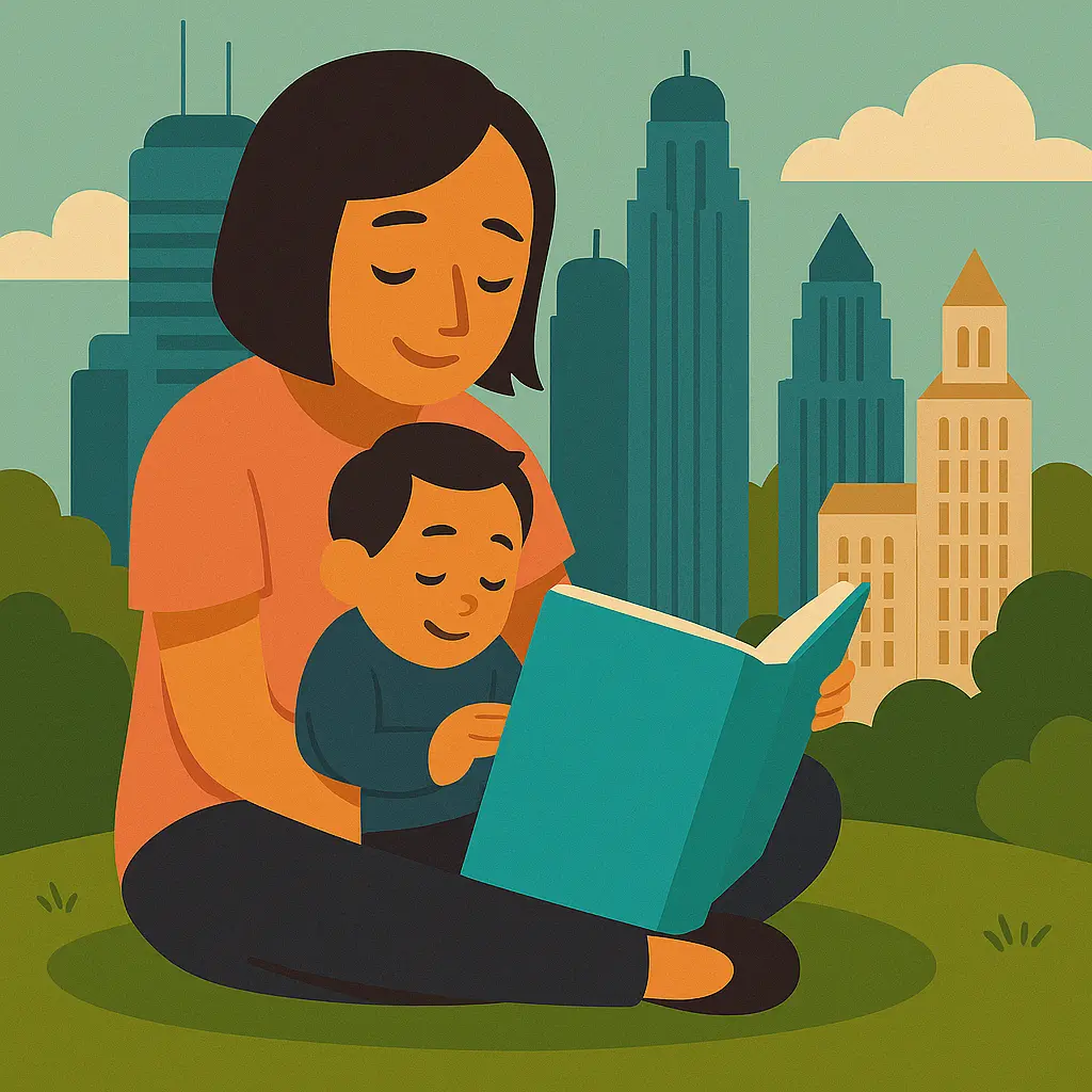 Illustration of a pregnant woman sitting with a baby in front of the Minneapolis–St. Paul skyline, representing prenatal DNA testing in Minneapolis–St. Paul
