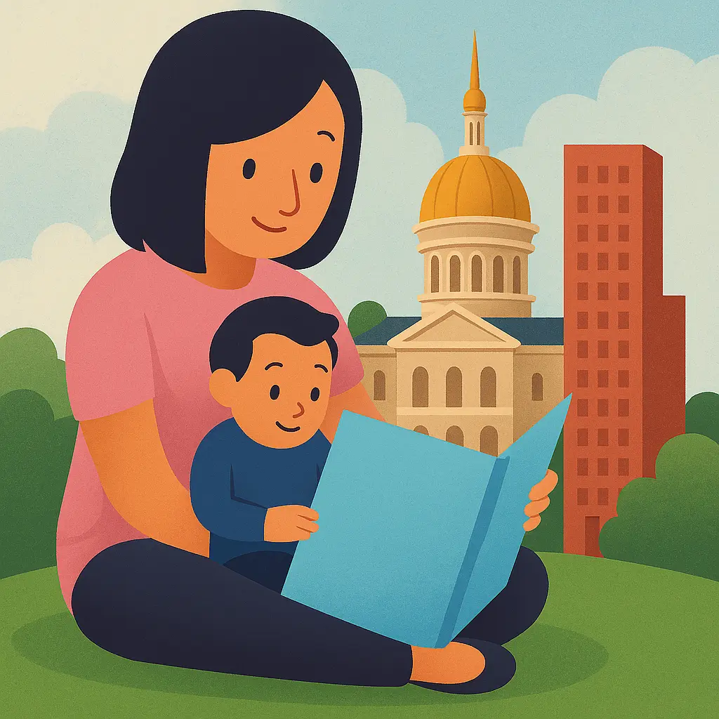 A mother and child sitting on the grass reading a book, with the New Jersey State Capitol in the background, representing prenatal paternity testing in New Jersey.