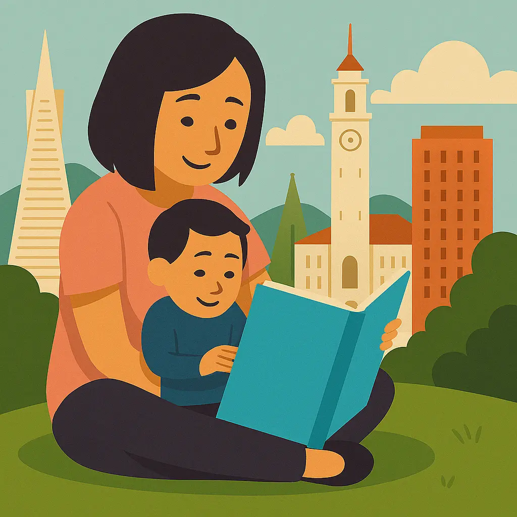 Illustration of a pregnant woman sitting with a baby in front of the San Francisco skyline, representing prenatal DNA testing in San Francisco