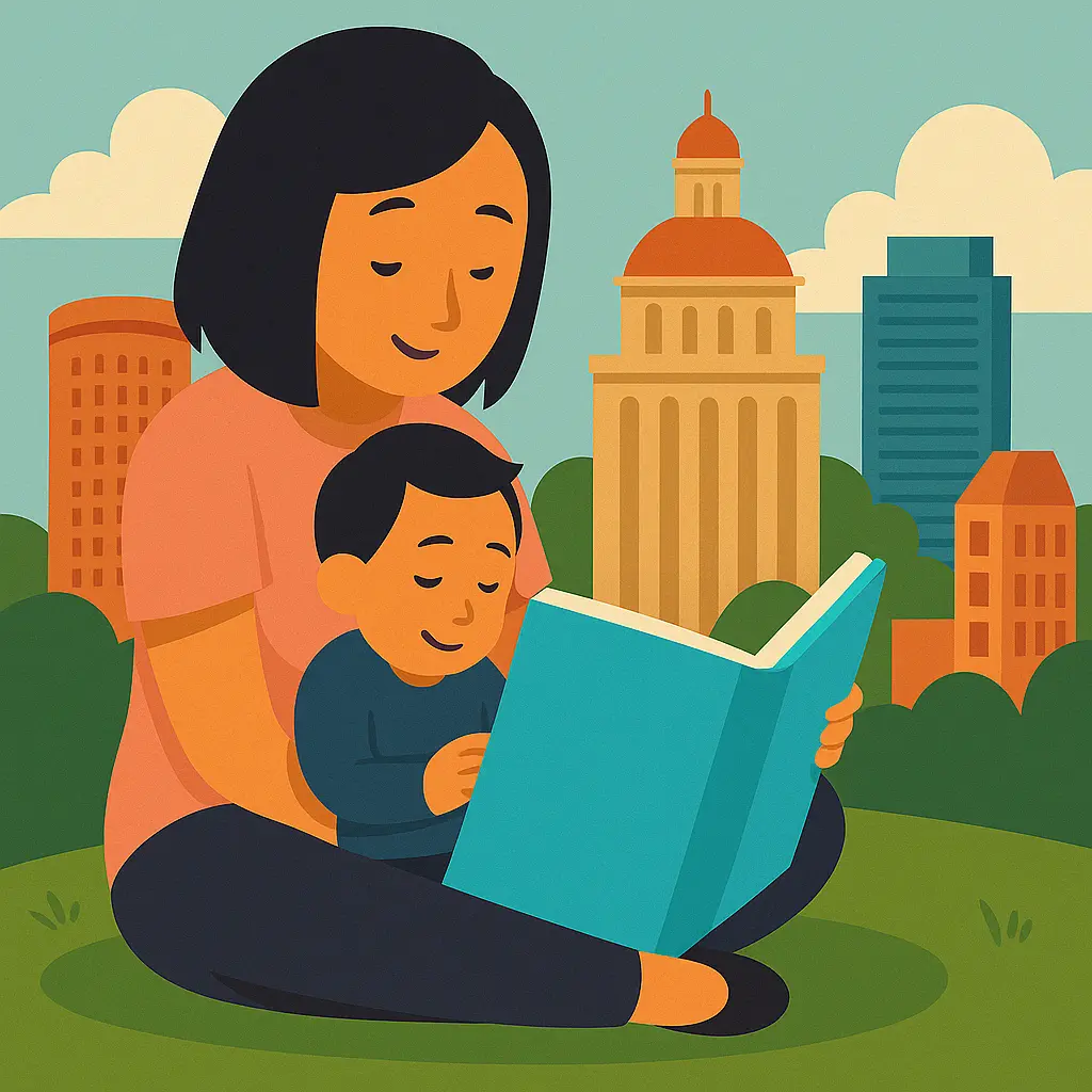 Illustration of a pregnant woman sitting with a baby in front of the Tampa skyline, representing prenatal DNA testing in Tampa