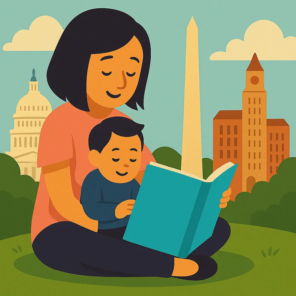 Illustration of a pregnant woman sitting with a baby in front of the Washington, D.C. skyline, representing prenatal DNA testing in Washington, D.C.