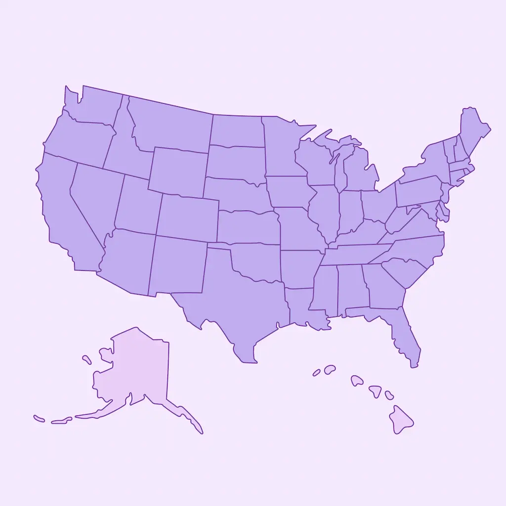 Purple map of the United States highlighting national DNA testing availability