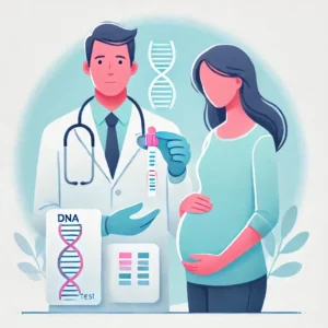 Doctor holding test tubes with pregnant woman, representing non-invasive paternity testing