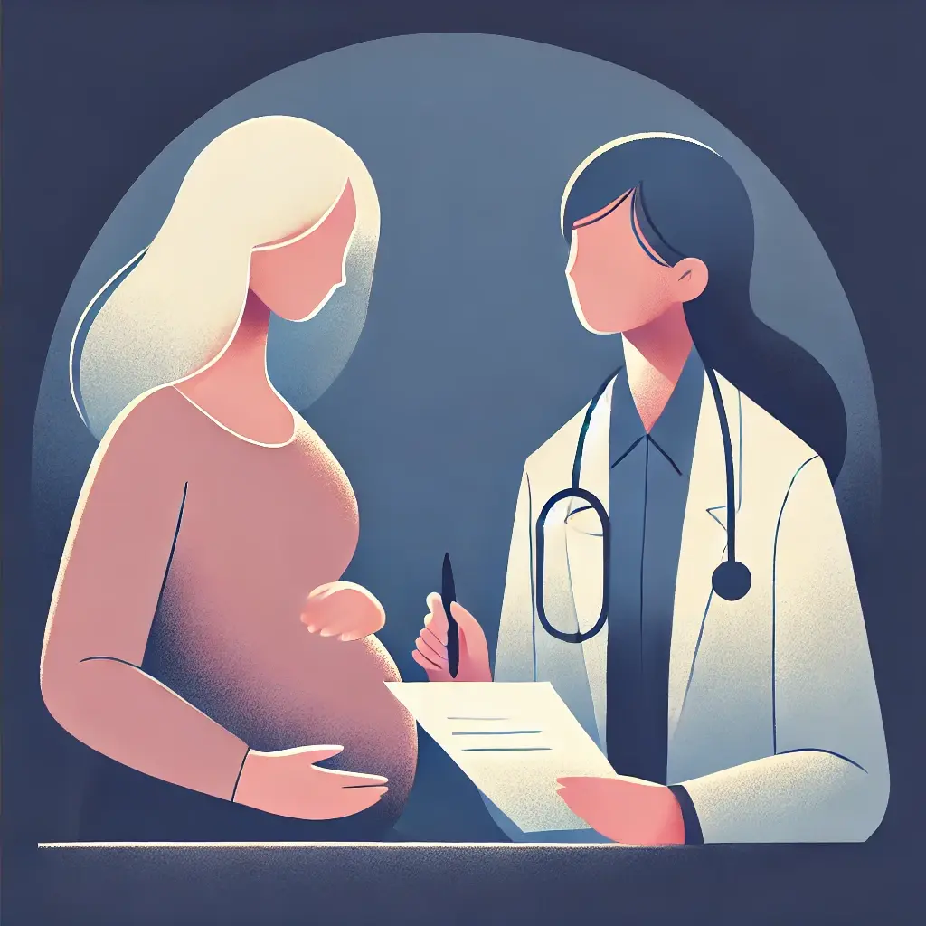 Pregnant woman discussing DNA testing steps with a female doctor holding a clipboard