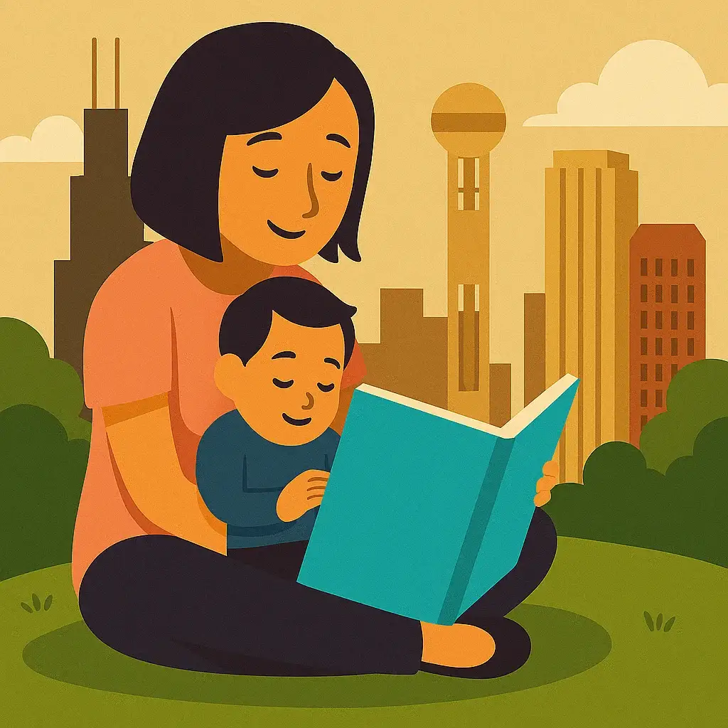 Illustration of a pregnant woman sitting with a baby in front of the Dallas skyline, representing prenatal DNA testing in Dallas