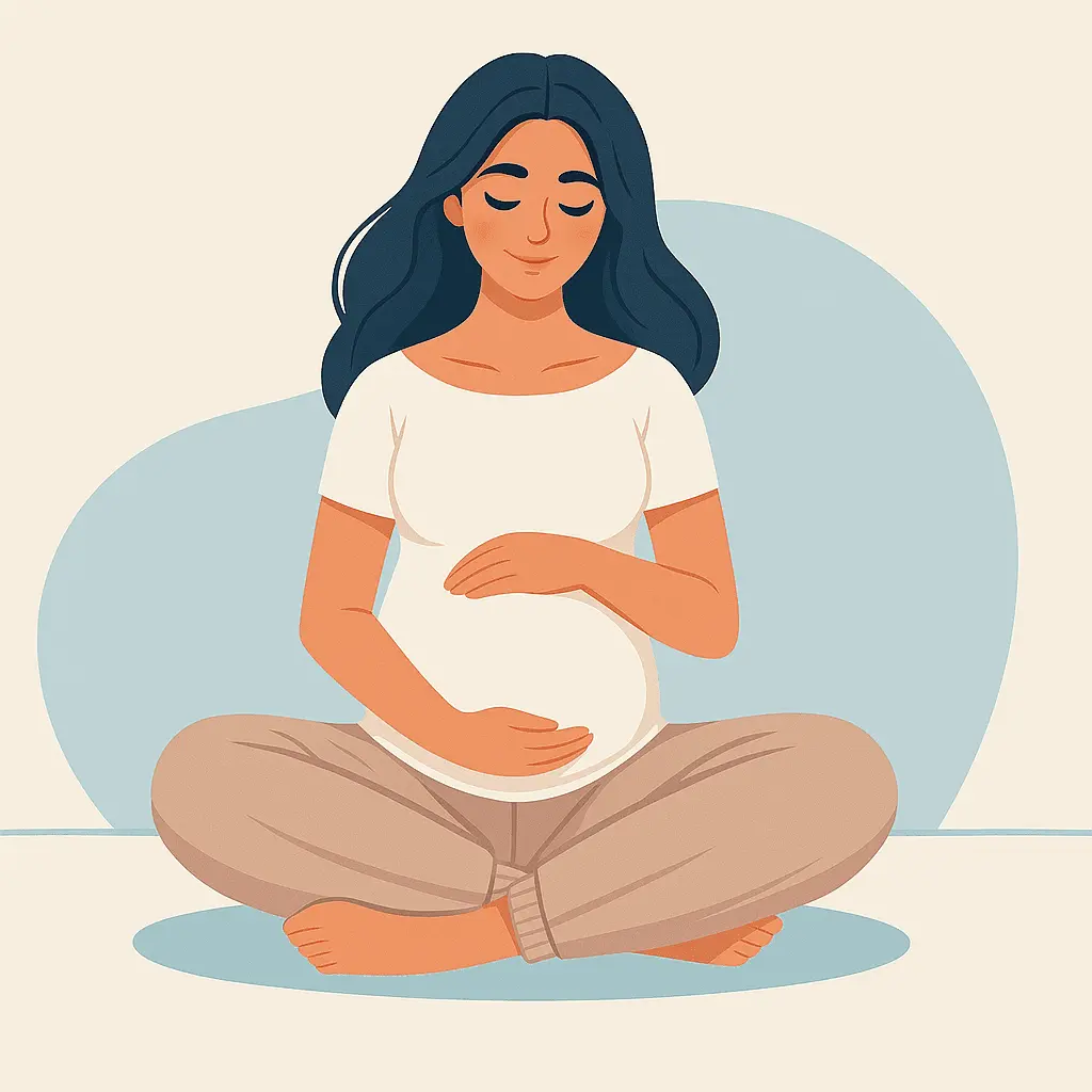 Pregnant woman sitting peacefully with hands on belly