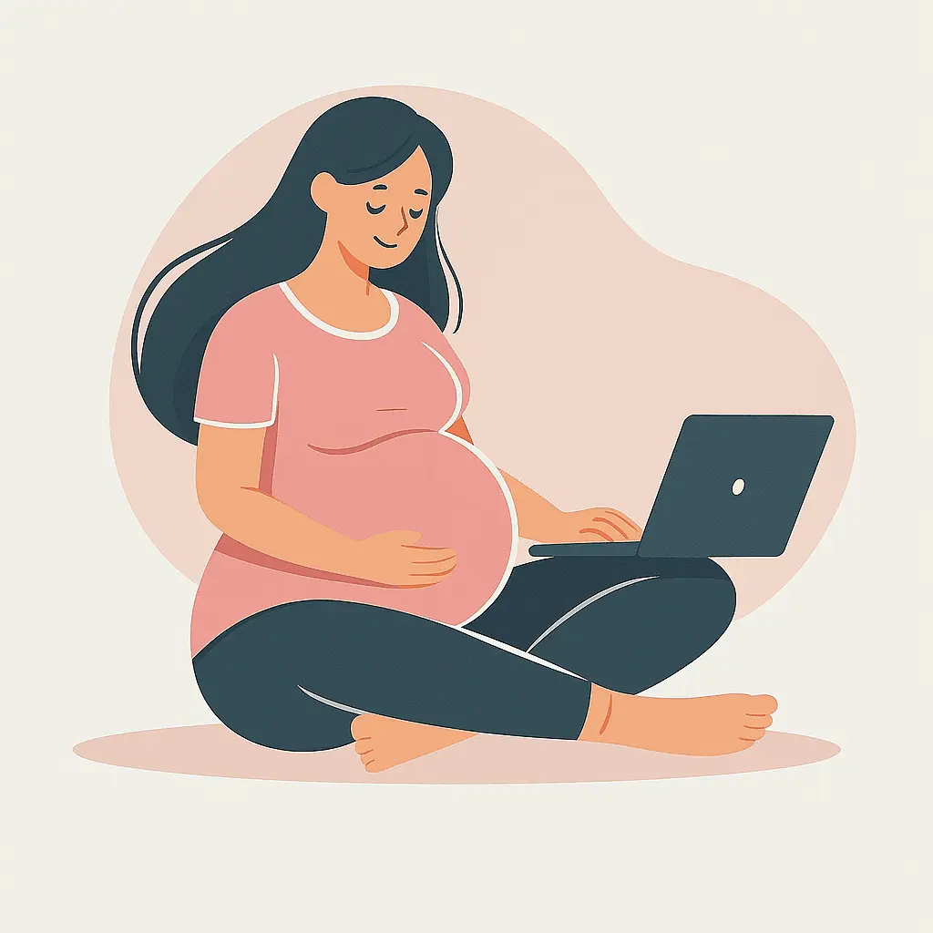 Laptop scene with a pregnant woman, reflecting family-first attention and supportive answers for care-seeking clients.
