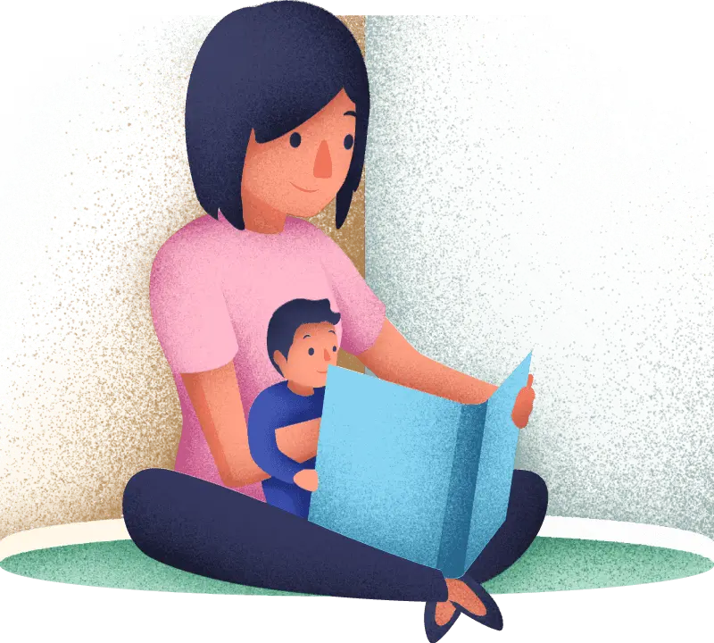 Illustration of a mother sitting with her son on her lap while reading to him.
