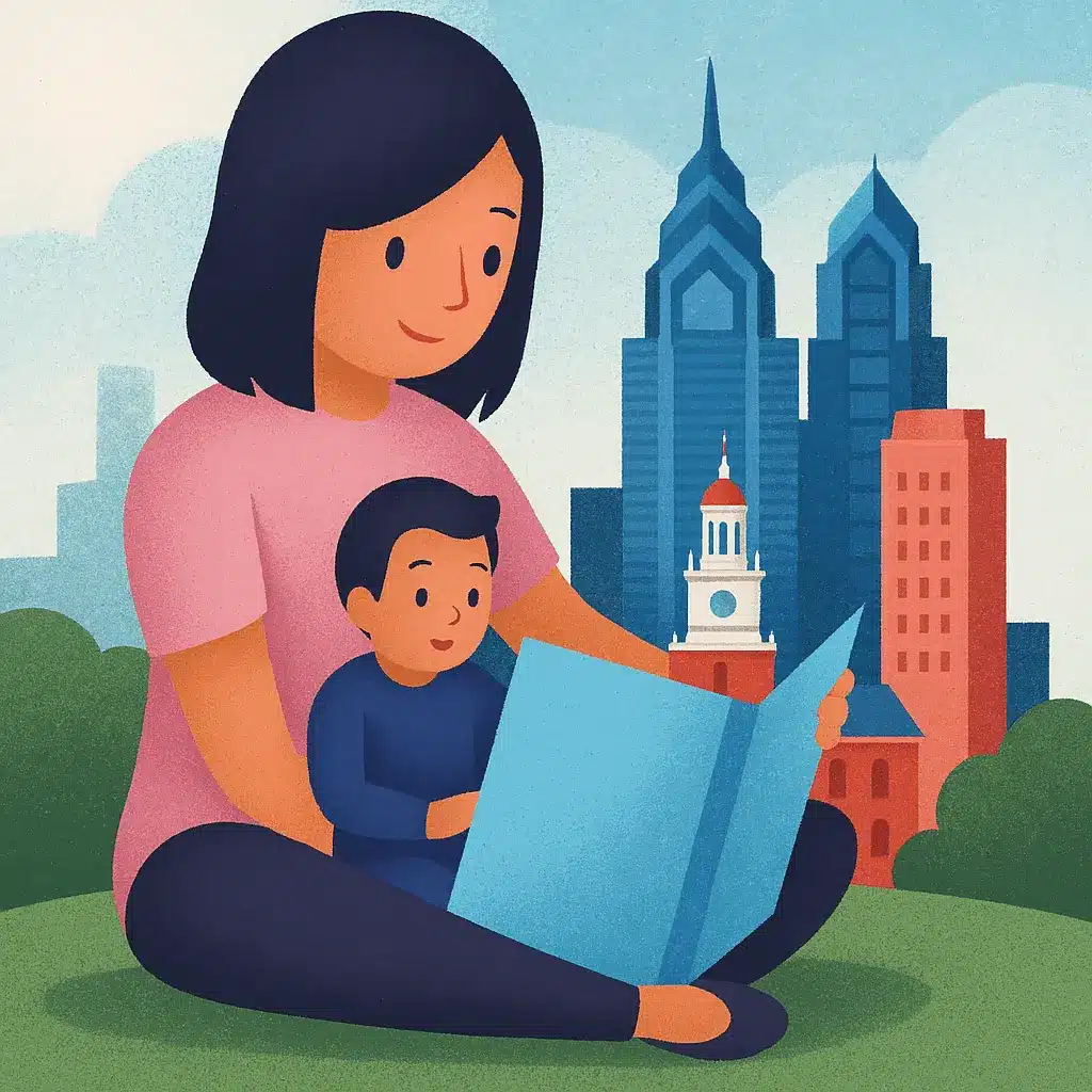 A mother sits with her son on her lap, reading to him. City skyline in the background.