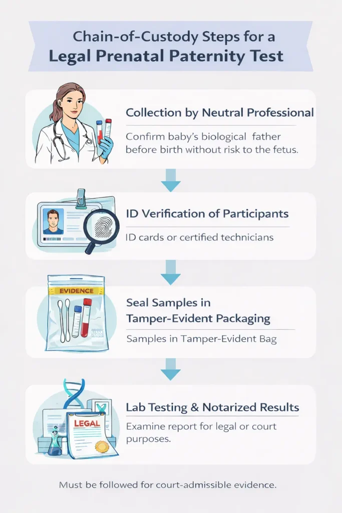 Flowchart of chain-of-custody steps for a legal prenatal paternity test