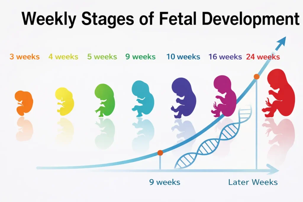 First trimester timeline showing fetal development at 6 weeks and 9 weeks with rising fetal DNA levels for prenatal testing.