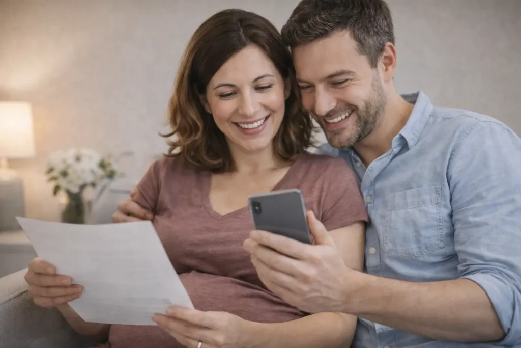 Expectant parents looking at prenatal paternity test results with relief and confidence.