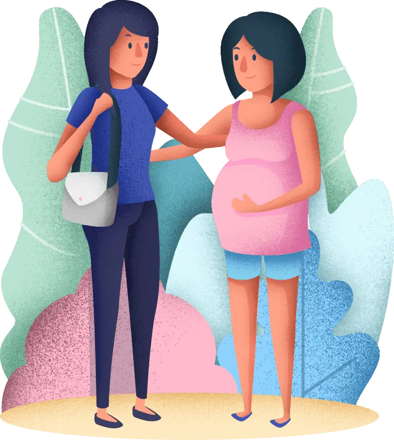 A pregnant lady and her friend standing together waiting for the prenatal testing results. 